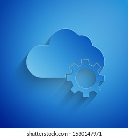 Paper cut Cloud technology data transfer and storage icon isolated on blue background. Adjusting, service, setting, maintenance, repair, fixing. Paper art style. Vector Illustration