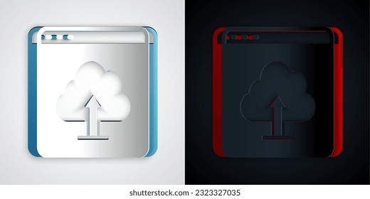 Hochladen auf grauem und schwarzem Hintergrund einzeln auf Papier geschnittenes Cloud-Symbol. Kunststil aus Papier. Vektorgrafik