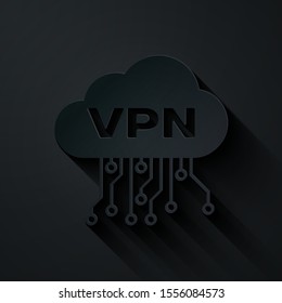 Paper cut Cloud VPN interface icon isolated on black background. Software integration. Paper art style. Vector Illustration