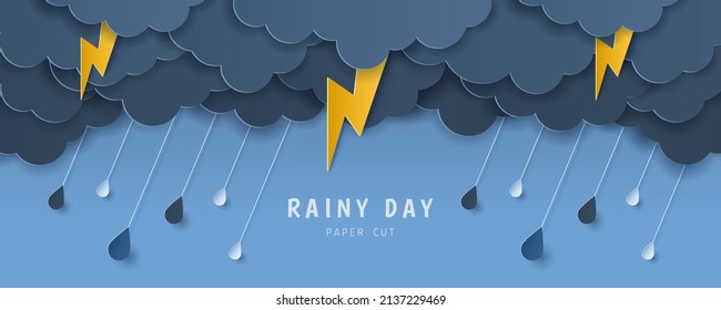 Paper Cut Of Clouds And Rain Drops  With Lightning On Purple Dark Background, Copy Space. Vector Illustration