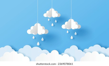 Paper cut of clouds and raindrops  on blue background. Vector illustration