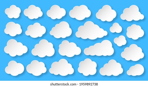 Paper cut clouds set on blue sky background. Forecast white cute cloud icon symbol collection. Cartoon style origami web banner with light and shadows. Various round shapes speech think bubble concept