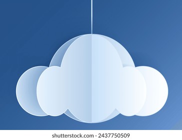 Paper cut clouds set on blue sky background. Forecast white cloud icon symbol collection. 3D Papercraft frame icon for posters and flyers, presentation, web, social media, design, banner and sticker.