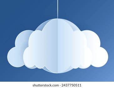 Paper cut clouds set on blue sky background. Forecast white cloud icon symbol collection. 3D Papercraft frame icon for posters and flyers, presentation, web, social media, design, banner and sticker.