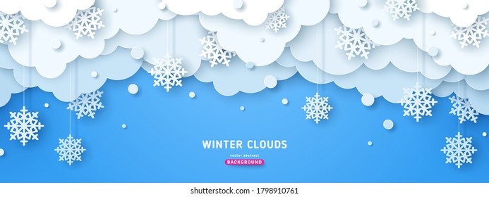 Paper cut clouds with snow fall on blue sky background. Snowflakes holiday banner for Christmas and New Year Design. Vector illustration