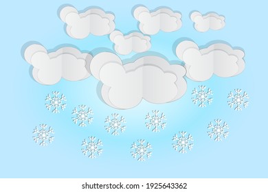 Paper cut clouds with snowflakes on blue sky background. Origami art snowing season. Forecast concept with snow from the cloudy sky. Paper sky. Winter time. Weather forecast. Stock vector illustration