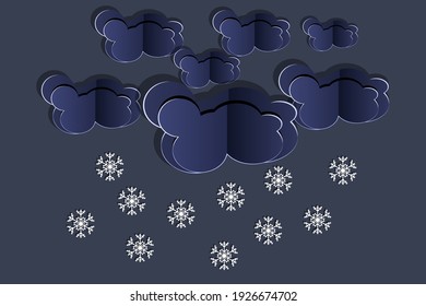 
Paper cut clouds with snowflakes on dark sky background. Origami art snowing season. Forecast concept with snow from the cloudy sky. Christmas. Winter time. Weather forecast.Stock vector illustration