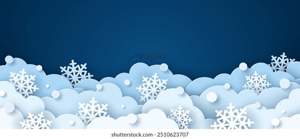 Paper cut clouds with snowflakes on blue sky background. Snowy winter holiday banner for Christmas and New Year Design. Vector illustration. Snowdrift night scene, cute kids baby poster