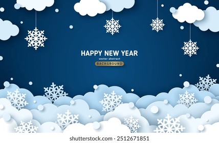 Paper cut clouds with snowflakes on blue sky background. Snowy winter holiday banner for Christmas and New Year Design. Vector illustration. Snowdrift night scene, cute kids baby poster