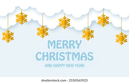 Paper cut clouds with snowflakes on blue sky background. Snowy winter holiday banner for Christmas and New Year Design