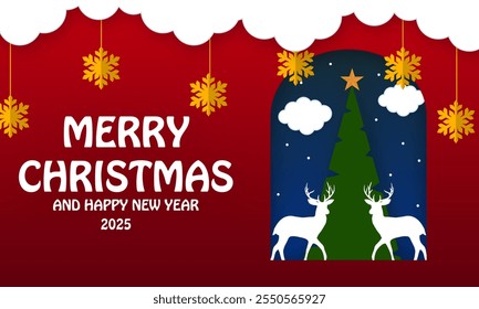 Paper cut clouds with snowflakes on blue sky background. Snowy winter holiday banner for Christmas and New Year Design