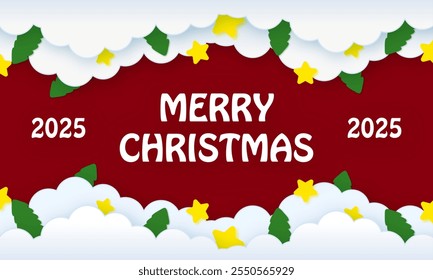 Paper cut clouds with snowflakes on blue sky background. Snowy winter holiday banner for Christmas and New Year Design