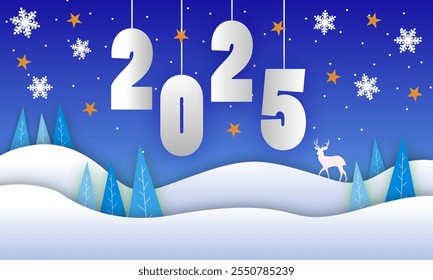 Paper cut clouds with snowflakes on blue sky background. Snowy winter holiday banner for Christmas and New Year Design