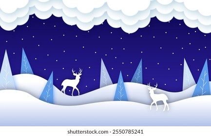 Paper cut clouds with snowflakes on blue sky background. Snowy winter holiday banner for Christmas and New Year Design