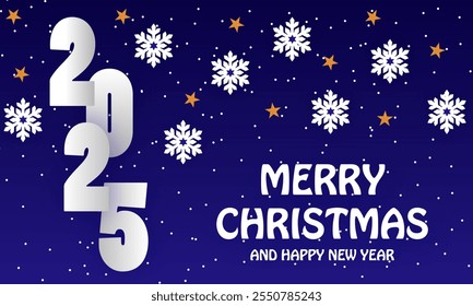 Paper cut clouds with snowflakes on blue sky background. Snowy winter holiday banner for Christmas and New Year Design