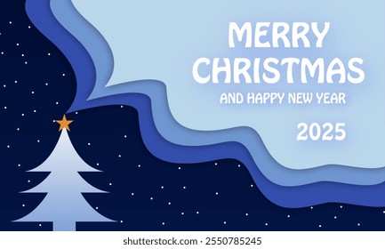 Paper cut clouds with snowflakes on blue sky background. Snowy winter holiday banner for Christmas and New Year Design