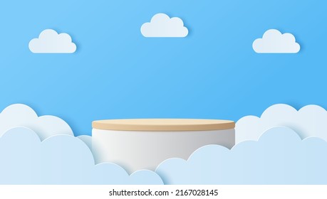 Paper cut of clouds with white cylinder podium for your product presentation, mockup, show cosmetic. Vector illustration