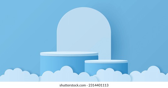 Paper cut of clouds with white cylinder podium for your product presentation, mockup, show cosmetic. Vector illustration