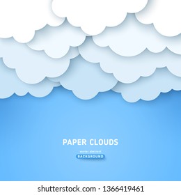 Paper cut cloudscape with text space. Blue sky background with overcast clouds, banner template vector illustration.