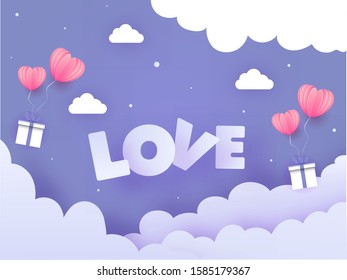 Paper Cut Cloudy Purple Background Decorated with Origami Heart Shaped Balloons and Gift Boxes for Love Concept.