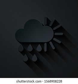Paper cut Cloudy with rain and sun icon isolated on black background. Rain cloud precipitation with rain drops. Paper art style. Vector Illustration