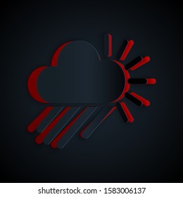 Paper cut Cloudy with rain and sun icon isolated on black background. Rain cloud precipitation with rain drops. Paper art style. Vector Illustration