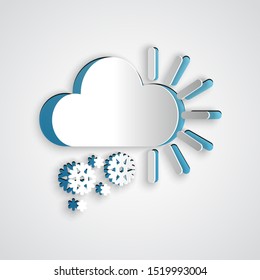 Paper cut Cloudy with snow icon isolated on grey background. Cloud with snowflakes. Single weather icon. Snowing sign. Paper art style. Vector Illustration