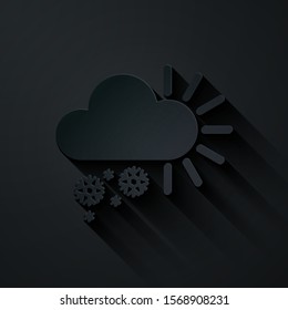Paper cut Cloudy with snow icon isolated on black background. Cloud with snowflakes. Single weather icon. Snowing sign. Paper art style. Vector Illustration