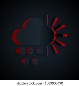 Paper cut Cloudy with snow icon isolated on black background. Cloud with snowflakes. Single weather icon. Snowing sign. Paper art style. Vector Illustration