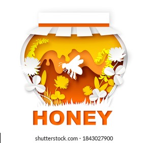 Paper Cut Clover Honey Pot. Glass Jar With Healthy Natural Food, Sweet Syrup And Cute Bee Collecting Nectar. Vector Illustration In Paper Art Style. Beekeeping, Organic Honey Product Logo, Label.