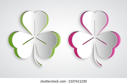Paper cut Clover icon isolated on grey background. Happy Saint Patrick day. Paper art style. Vector