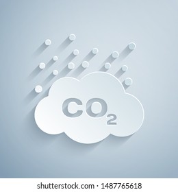 Paper cut CO2 emissions in cloud icon isolated on grey background. Carbon dioxide formula symbol, smog pollution concept, environment concept. Paper art style. Vector Illustration