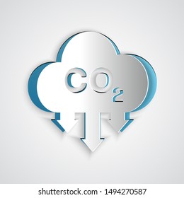 Paper cut CO2 emissions in cloud icon isolated on grey background. Carbon dioxide formula symbol, smog pollution concept, environment concept. Paper art style. Vector Illustration