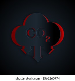 Paper cut CO2 emissions in cloud icon isolated on black background. Carbon dioxide formula symbol, smog pollution concept, environment concept. Paper art style. Vector Illustration