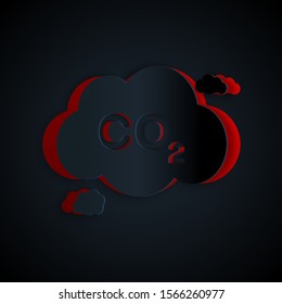 Paper cut CO2 emissions in cloud icon isolated on black background. Carbon dioxide formula symbol, smog pollution concept, environment concept. Paper art style. Vector Illustration