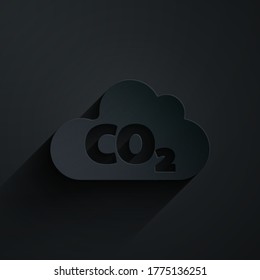 Paper cut CO2 emissions in cloud icon isolated on black background. Carbon dioxide formula, smog pollution concept, environment concept. Paper art style. Vector Illustration