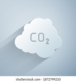 Paper cut CO2 emissions in cloud icon isolated on grey background. Carbon dioxide formula, smog pollution concept, environment concept. Paper art style. Vector