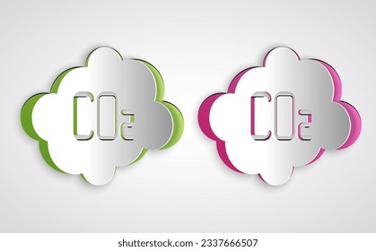 Paper cut CO2 emissions in cloud icon isolated on grey background. Carbon dioxide formula, smog pollution concept, environment concept. Paper art style. Vector