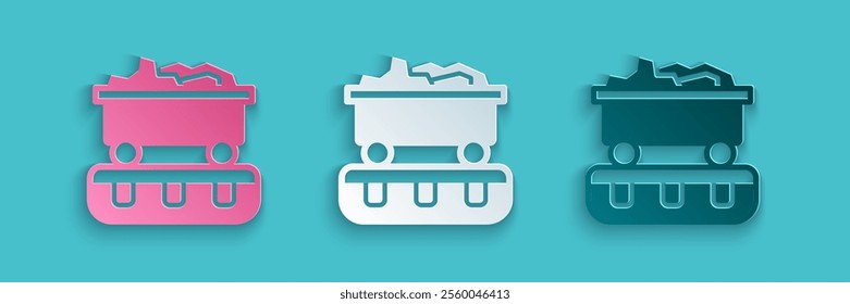 Paper cut Coal train wagon icon isolated on blue background. Rail transportation. Paper art style. Vector