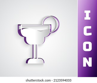 Paper cut Cocktail and alcohol drink icon isolated on grey background. Paper art style. Vector