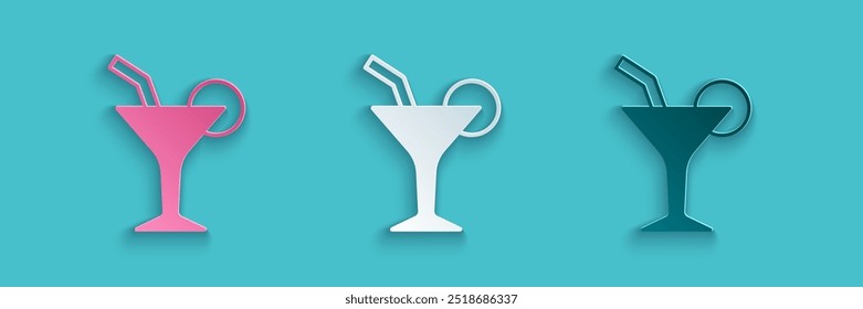 Paper cut Cocktail and alcohol drink icon isolated on blue background. Paper art style. Vector