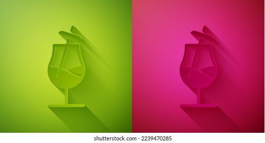 Paper cut Cocktail icon isolated on green and pink background. Paper art style. Vector Illustration