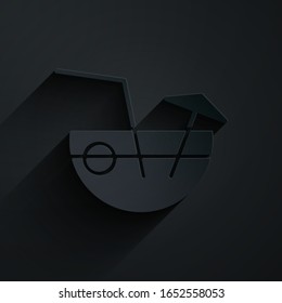 Paper cut Coconut juice exotic fresh cocktail and umbrella icon isolated on black background. Paper art style. Vector Illustration