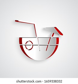 Paper cut Coconut juice exotic fresh cocktail and umbrella icon isolated on grey background. Paper art style. Vector Illustration