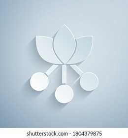 Paper cut Coffee bean, branch with leaf and berry icon isolated on grey background. Plant with leaf, berry, fruit, seed. Paper art style. Vector.
