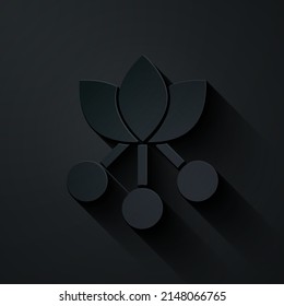 Paper cut Coffee bean, branch with leaf and berry icon isolated on black background. Plant with leaf, berry, fruit, seed. Paper art style. Vector