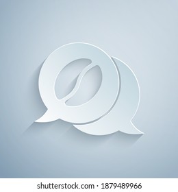 Paper cut Coffee bean and conversation icon isolated on grey background. Coffee talk. Speech bubbles chat. Paper art style. Vector.