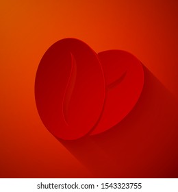 Paper cut Coffee beans icon isolated on red background. Paper art style. Vector Illustration