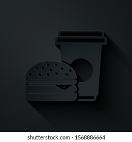 Paper cut Coffee and burger icon isolated on black background. Fast food symbol. Paper art style. Vector Illustration