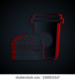 Paper cut Coffee and burger icon isolated on black background. Fast food symbol. Paper art style. Vector Illustration